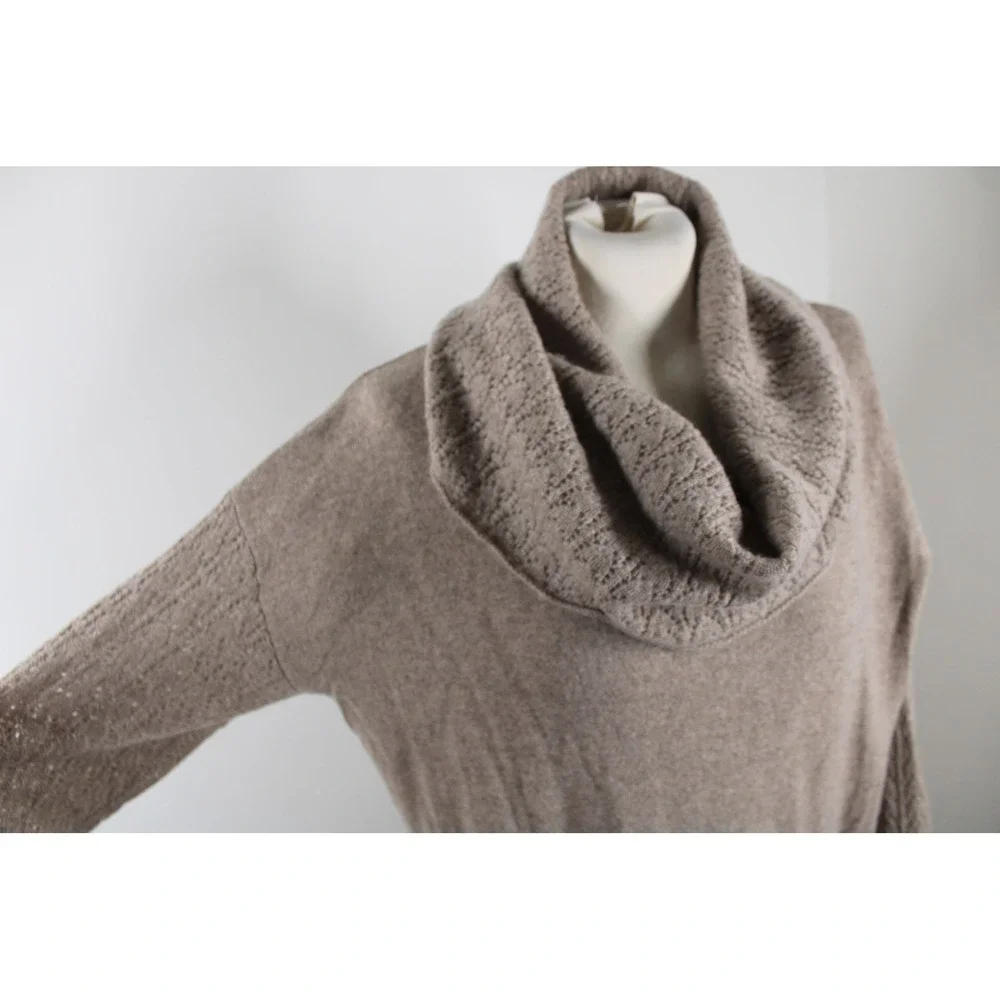 Garnet Hill L Taupe Brown Cashmere Cowl Neck Sweater Pointelle Knit 41698 - Picture 2 of 10